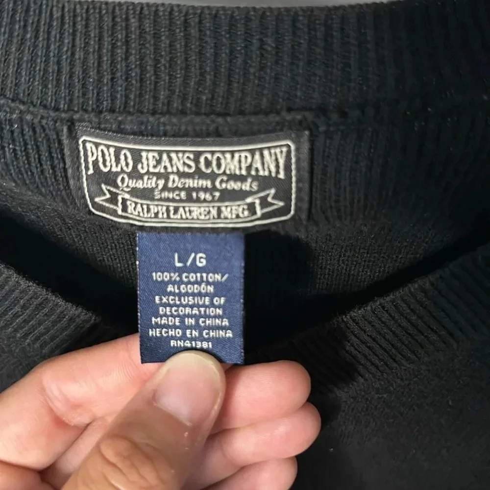 Vintage Polo Jeans Company Black V-Neck Cotton Sweater Men's Large Ralph Lauren